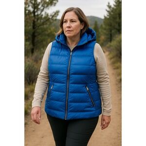MY ANORAK Womens Blue Hooded Puffer Vest Down Fill Zip Front XL‎